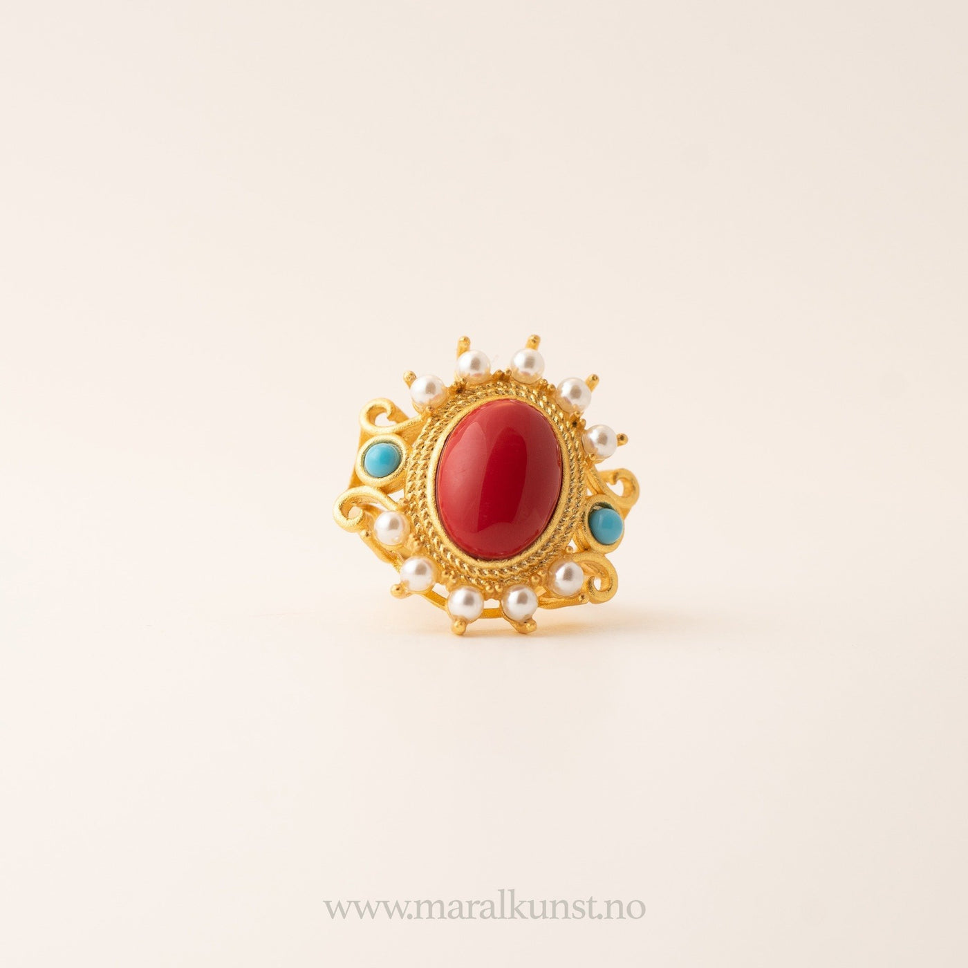 Red Agate, Turquoise And Pearl Silver Ring - Maral Kunst Jewelry