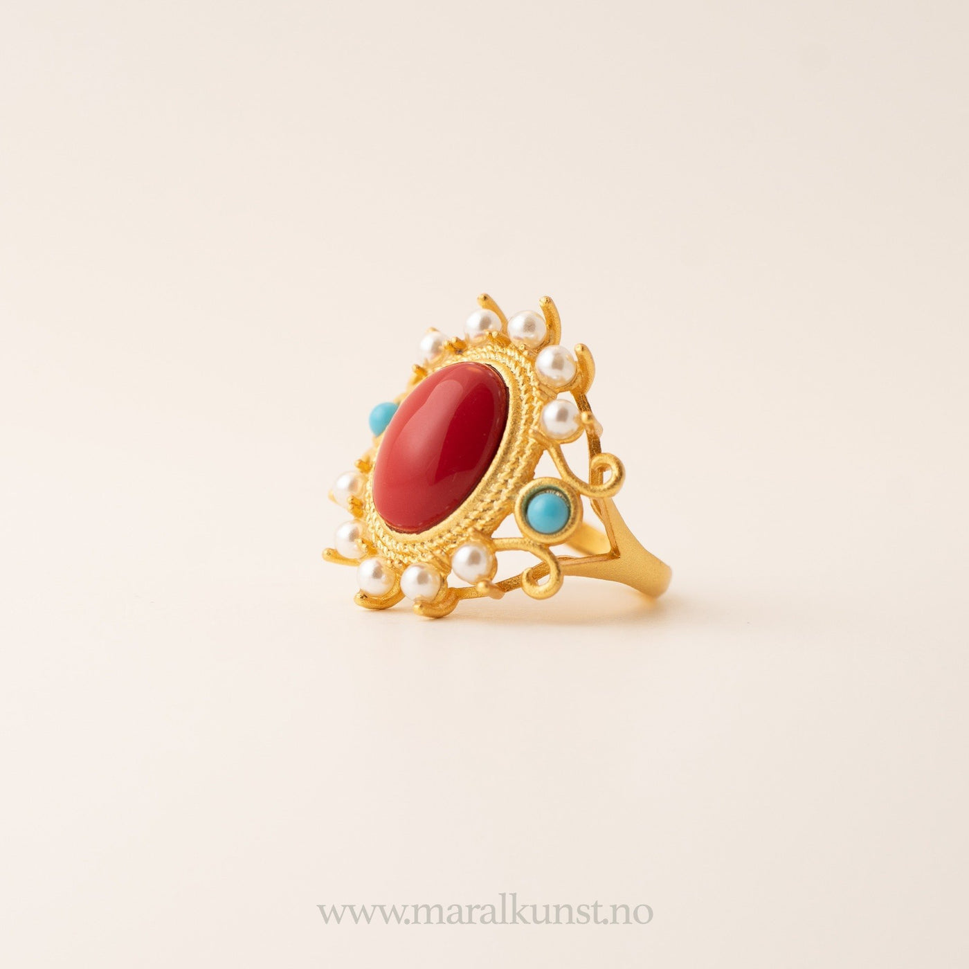 Red Agate, Turquoise And Pearl Silver Ring - Maral Kunst Jewelry