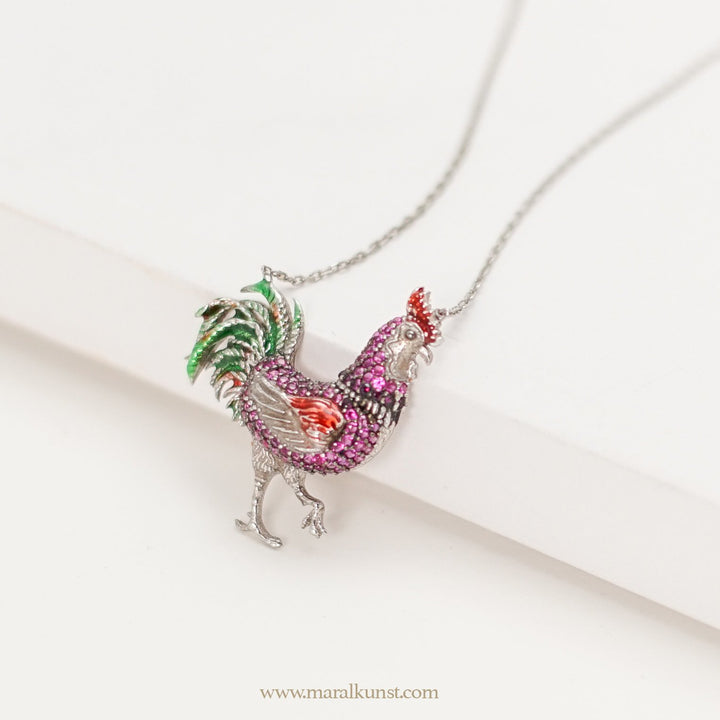 Pinky Green Rooster Silver Necklace - Maral Kunst Jewelry