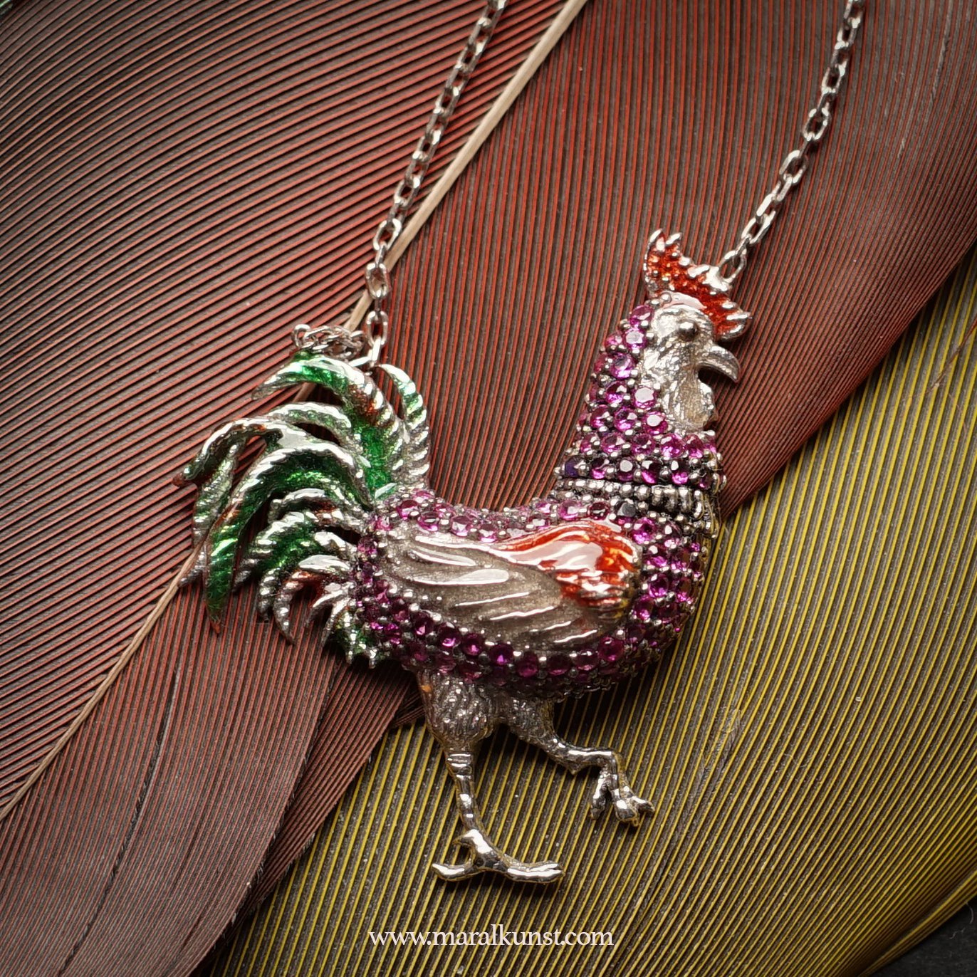 Pinky Green Rooster Silver Necklace - Maral Kunst Jewelry