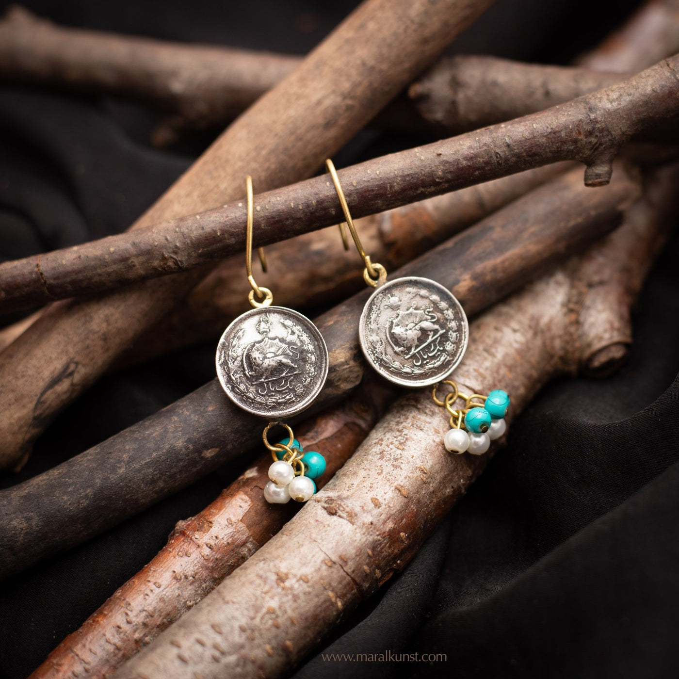 Iranian coin  Brass Pearl & turquoise - Maral Kunst Jewelry